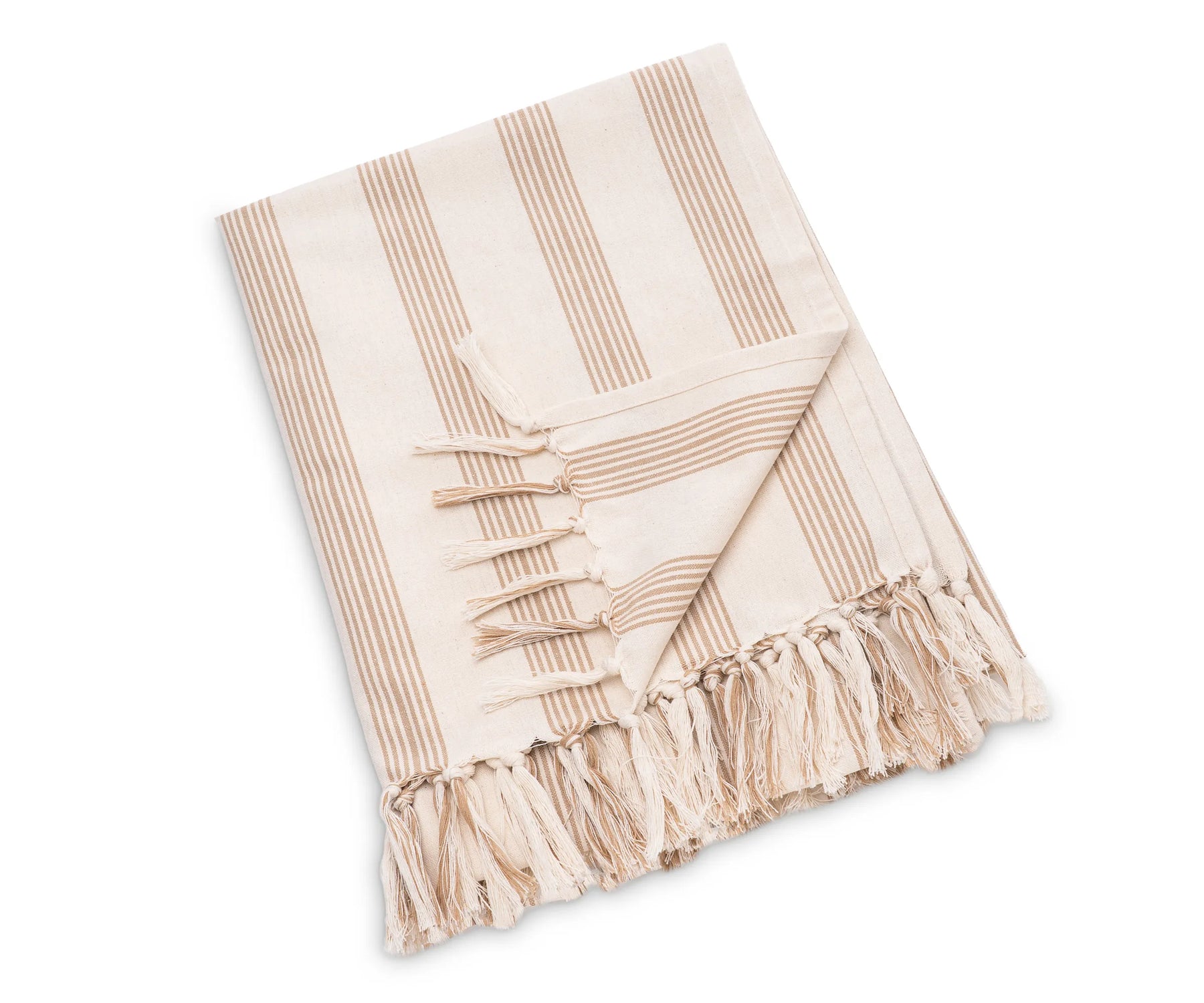 Cozy cotton throw blanket with a striped design and fringe detail, perfect for home décor and year-round comfort