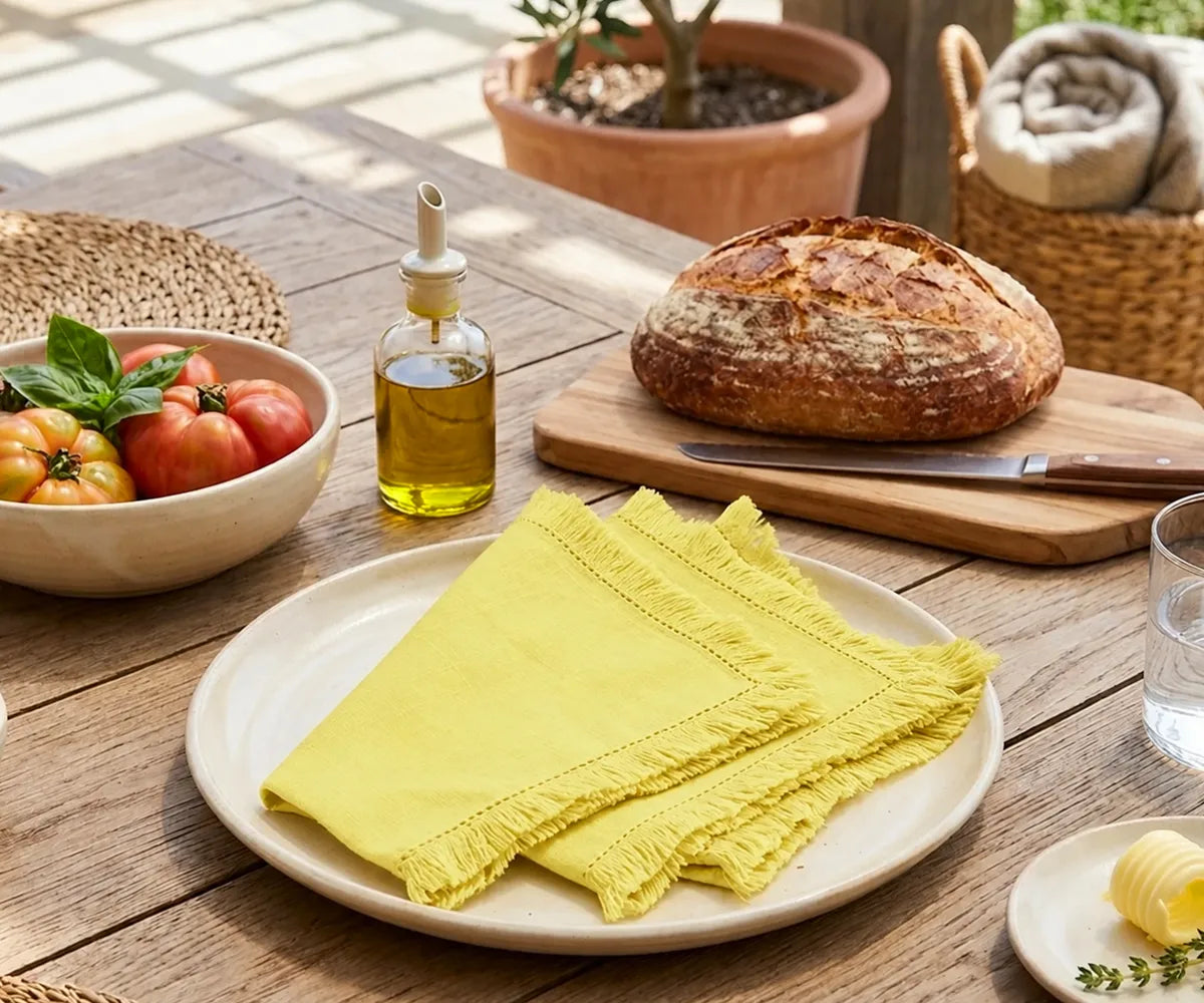 Folded yellow fabric dinner napkins arranged with neutral table linens and ceramic plates for a coordinated holiday or event table setting.