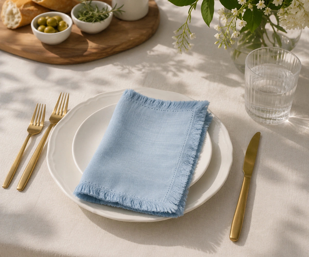 Light blue cotton fringe napkins with soft frayed edge design, reusable fabric dinner napkins for spring table décor, wedding celebrations, baby showers, casual dining, and eco-friendly entertaining.