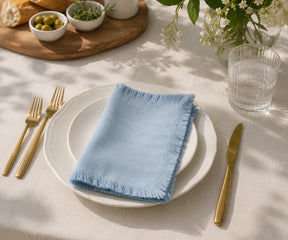Light blue cotton fringe napkins with soft frayed edge design, reusable fabric dinner napkins for spring table décor, wedding celebrations, baby showers, casual dining, and eco-friendly entertaining.