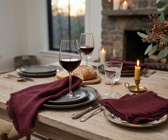 Burgundy cotton fringe napkins with elegant frayed edge detailing, reusable fabric dinner napkins for wedding receptions, holiday tablescapes, rustic farmhouse décor, formal dining, and sustainable entertaining.