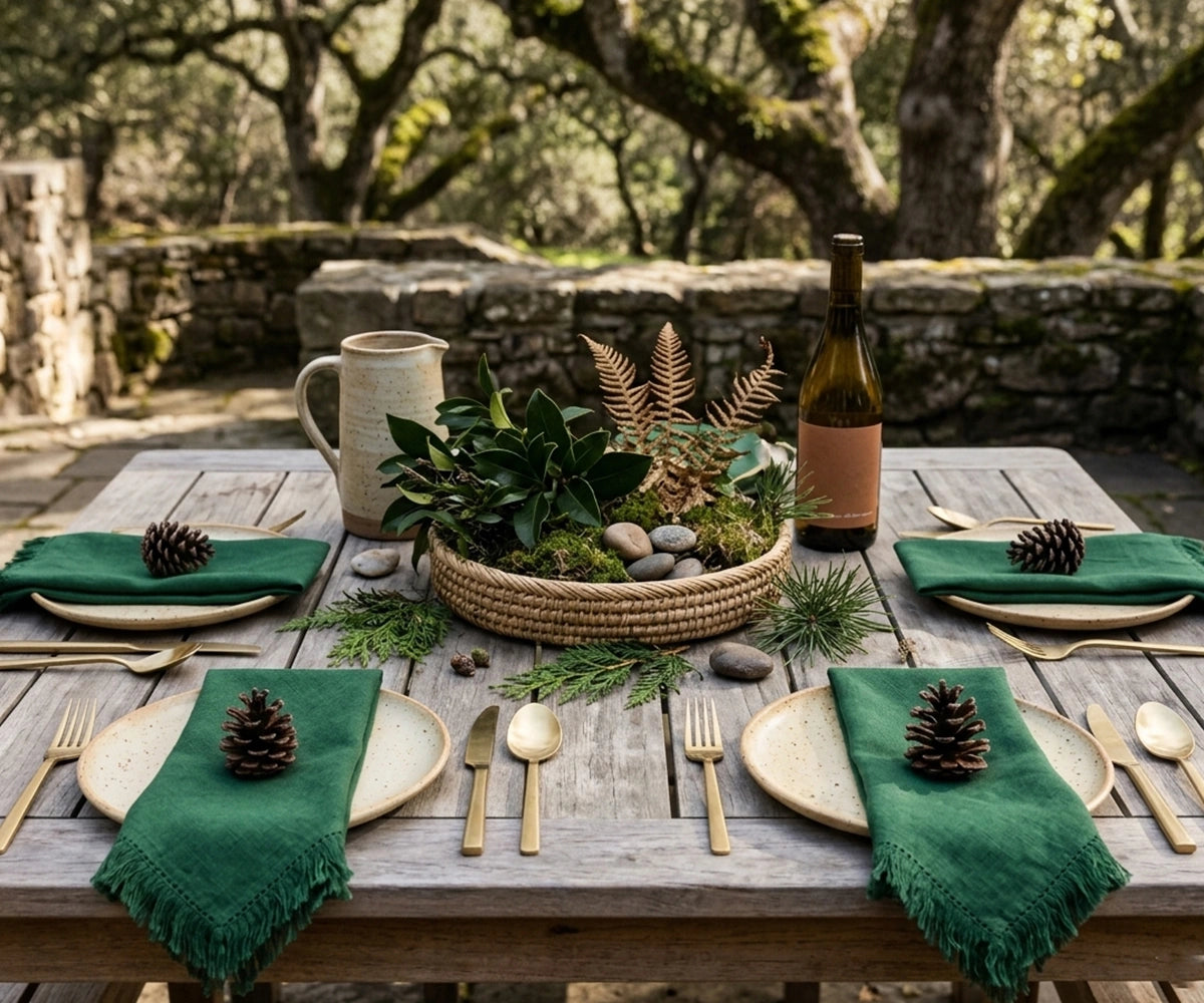 Dark green cotton fringe napkins set for elegant dining table décor, reusable cloth dinner napkins with frayed edges, farmhouse table linens for everyday meals, weddings, holiday gatherings, and rustic entertaining.