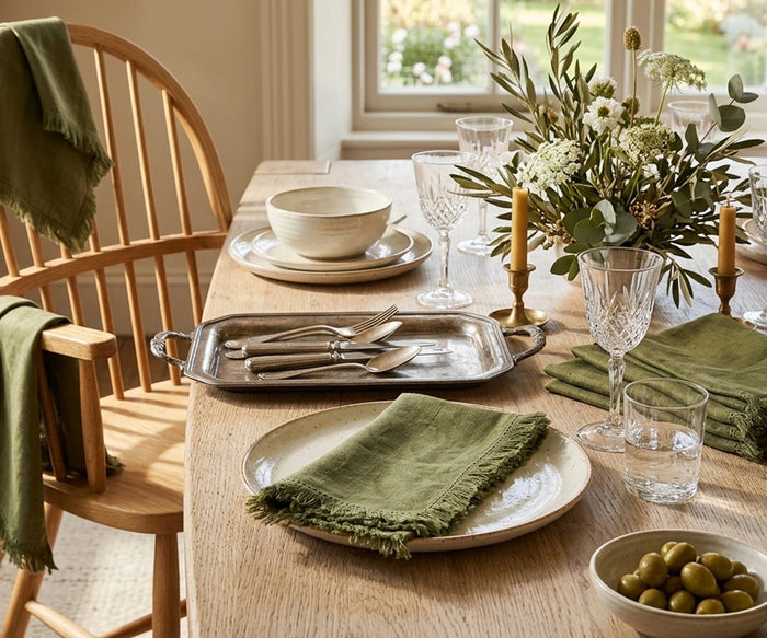 Olive green cotton fringe napkins with artisan frayed edge detailing, reusable fabric dinner napkins for rustic weddings, holiday gatherings, farmhouse table settings, nature-inspired décor, and eco-friendly everyday dining.