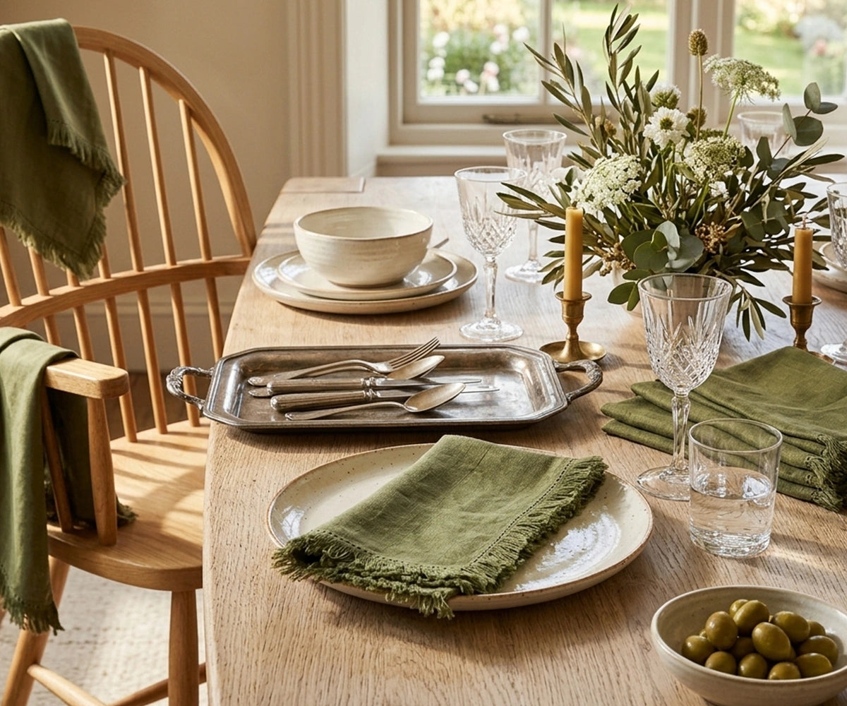 Olive green cotton fringe napkins with artisan frayed edge detailing, reusable fabric dinner napkins for rustic weddings, holiday gatherings, farmhouse table settings, nature-inspired décor, and eco-friendly everyday dining.
