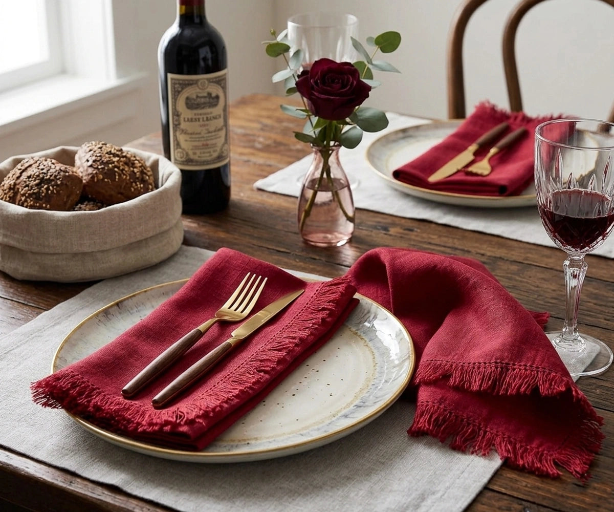 Red cotton fringe napkins with decorative frayed edges, reusable cloth dinner napkins for Christmas table settings, holiday entertaining, farmhouse dining décor, festive family gatherings, weddings, and special occasions.