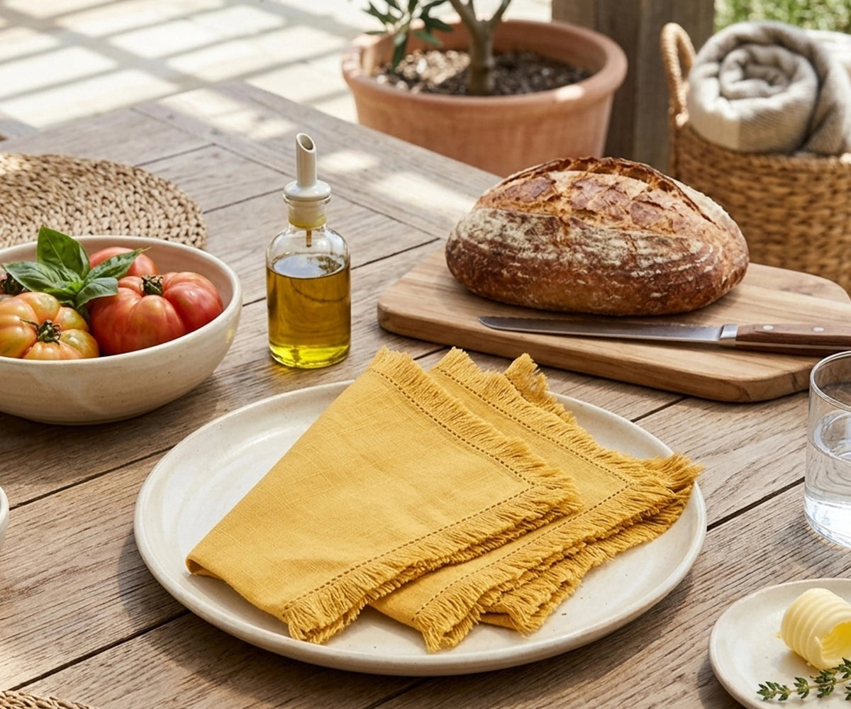 Yellow cotton fringe napkins with decorative frayed trim, reusable fabric dinner napkins for summer parties, brunch table settings, wedding celebrations, cheerful farmhouse décor, and eco-friendly entertaining.
