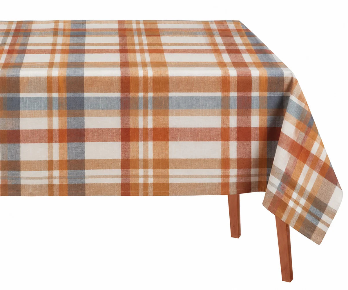 Rust and dusty blue plaid tablecloth rectangle with warm beige tones for autumn dining and farmhouse table décor