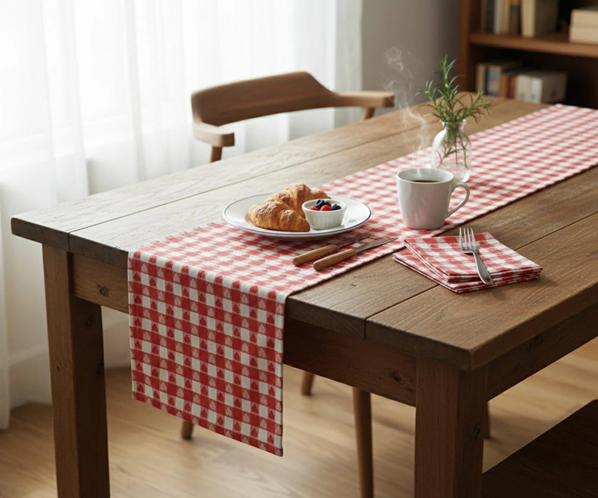 Valentine’s Day table setting with red heart cotton table runner