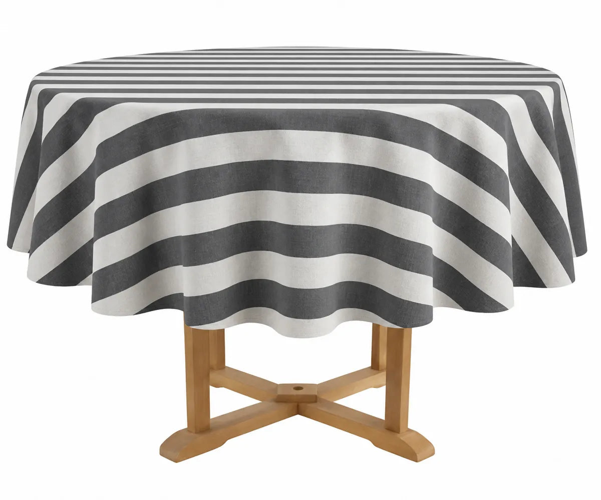 A round table covered with a charcoal and off-white striped tablecloth, shown on a light wood pedestal table against a plain white background.