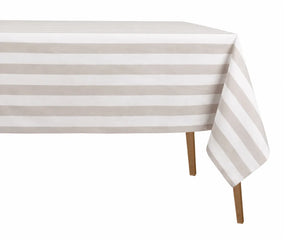Modern cabana stripe cotton linen tablecloth crafted for kitchen tables, farmhouse dining rooms, and outdoor entertaining