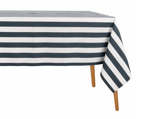 Breathable cotton and linen striped tablecloth in a rectangular design for farmhouse and coastal dining décor