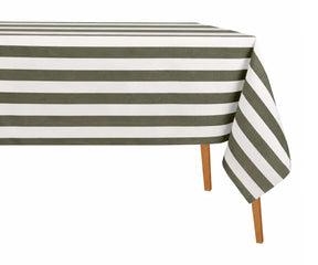 Coastal-inspired cotton linen striped tablecloth adding a relaxed and elegant touch to dining room décor