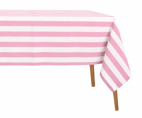 Pink cabana stripe cotton linen tablecloth with a soft textured weave, bringing a fresh and welcoming look to any dining space.