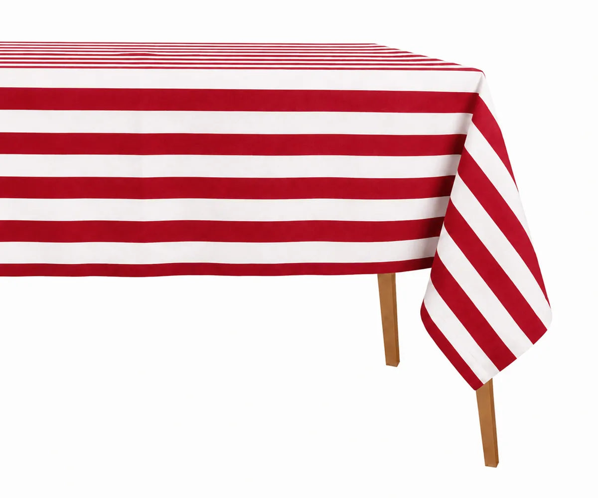 Red cabana stripe cotton linen tablecloth with breathable woven fabric, ideal for festive dining tables and holiday entertaining.