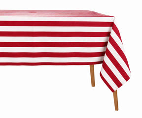 Red cabana stripe cotton linen tablecloth with breathable woven fabric, ideal for festive dining tables and holiday entertaining.