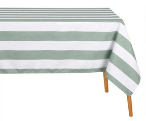 A rectangular table covered with a white tablecloth featuring wide sage  horizontal stripes, shown with two wooden table legs visible against a plain white background.