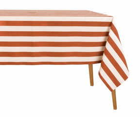Cotton and linen blend cabana stripe rectangle tablecloth in terracotta, styled on a dining table for a warm farmhouse-inspired tablescape.