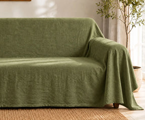 Olive green washable sofa furniture cover made from cotton-linen, reusable couch protector for modern and farmhouse living rooms