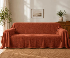 Rust cotton linen blend sofa cover, washable reusable couch cover for furniture protection, pet hair, dust, spills, and everyday wear
