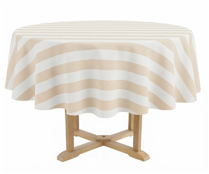 Round striped tablecloth in beige and white for dining table decor