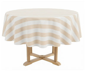 Round striped tablecloth in beige and white for dining table decor