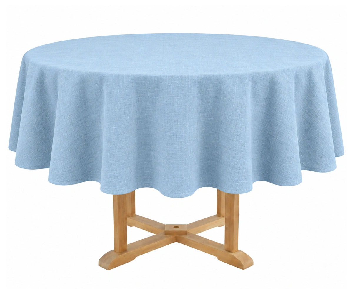 Light blue cotton linen round tablecloth in plain solid style, soft breathable material ideal for casual dining and special occasions