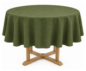 Olive cotton linen round tablecloth featuring a plain solid look, textured cotton linen fabric perfect for everyday and festive table settings