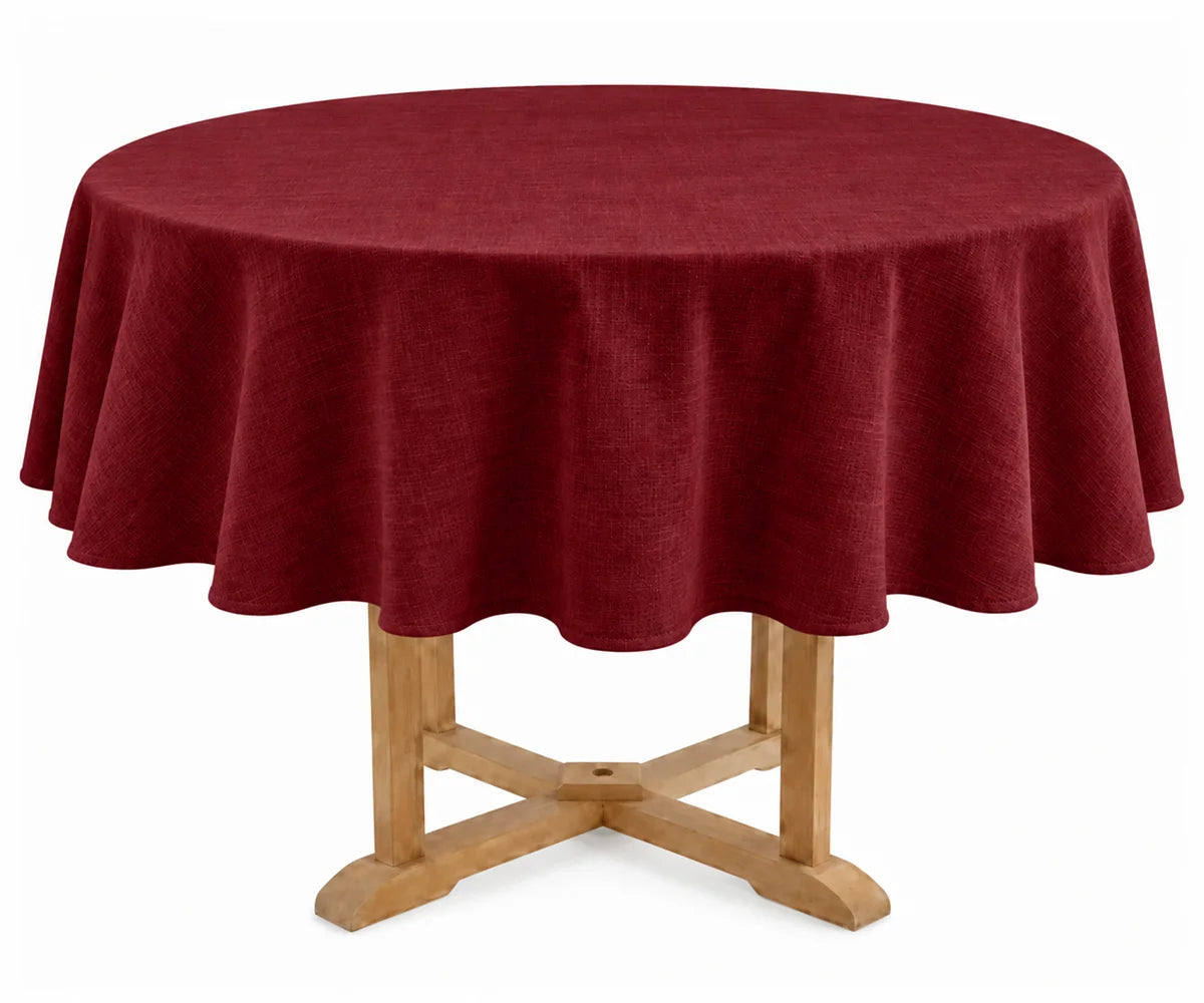 Burgundy round cotton linen blend tablecloth, 60 inch solid color table cover for weddings, restaurants, dining rooms, and special events
