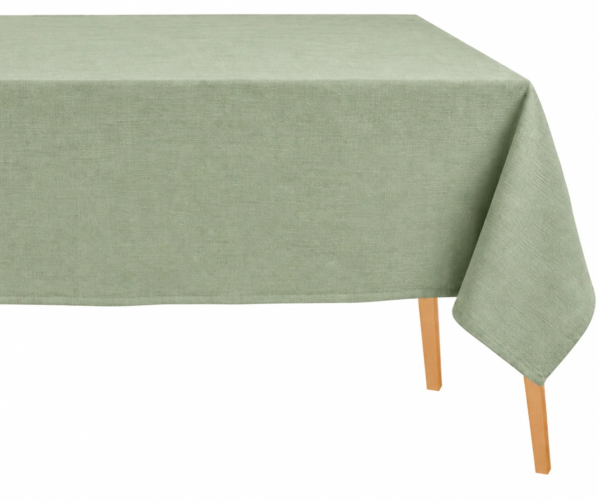 Sage green cotton linen blend rectangular tablecloth with plain finish, breathable reusable table linen for modern and farmhouse dining spaces