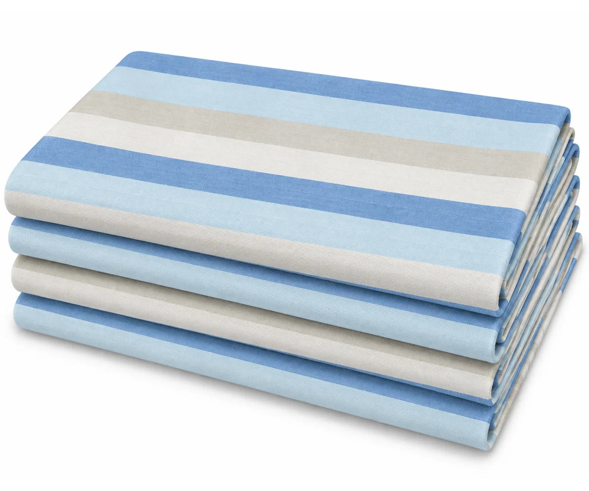 Set of folded multi-stripe cotton dinner napkins in shades of blue and neutral beige, neatly stacked on a white background.