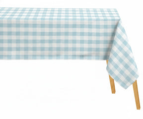 Blue and white checkered tablecloth in light blue gingham pattern on rectangular dining table.