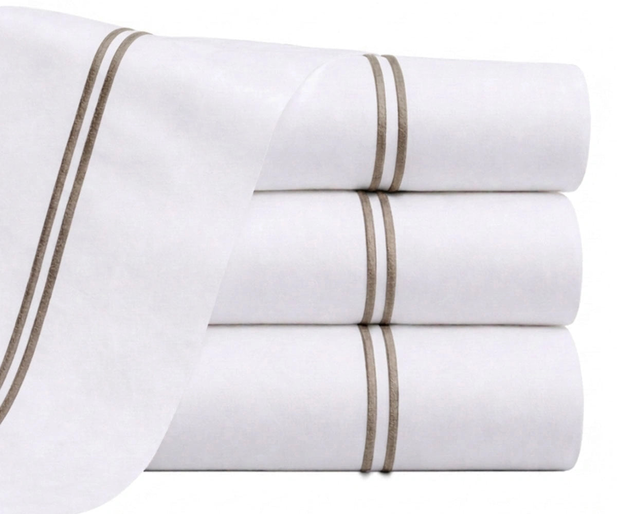 taupe cotton percale flat sheet embroidered border soft breathable elegant earthy tone bedding queen king