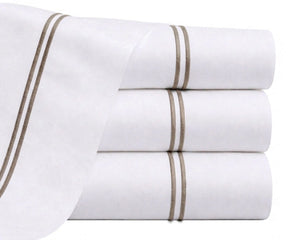 taupe cotton percale flat sheet embroidered border soft breathable elegant earthy tone bedding queen king