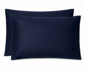 Two navy blue pillowcases stacked together on a plain white background.