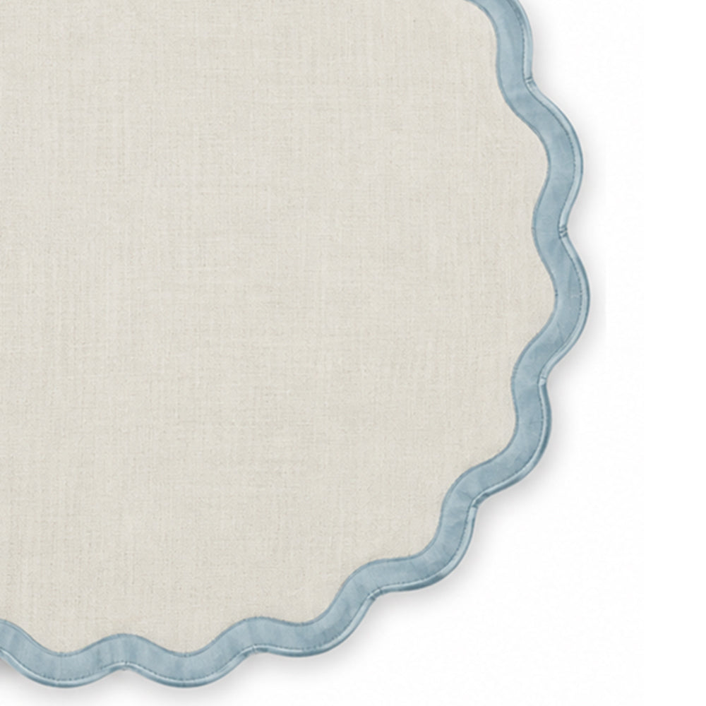 Solid natural flax cotton placemat with contrasting dusty blue scalloped edge trim, neutral fabric table mat