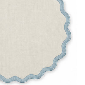 Solid natural flax cotton placemat with contrasting dusty blue scalloped edge trim, neutral fabric table mat