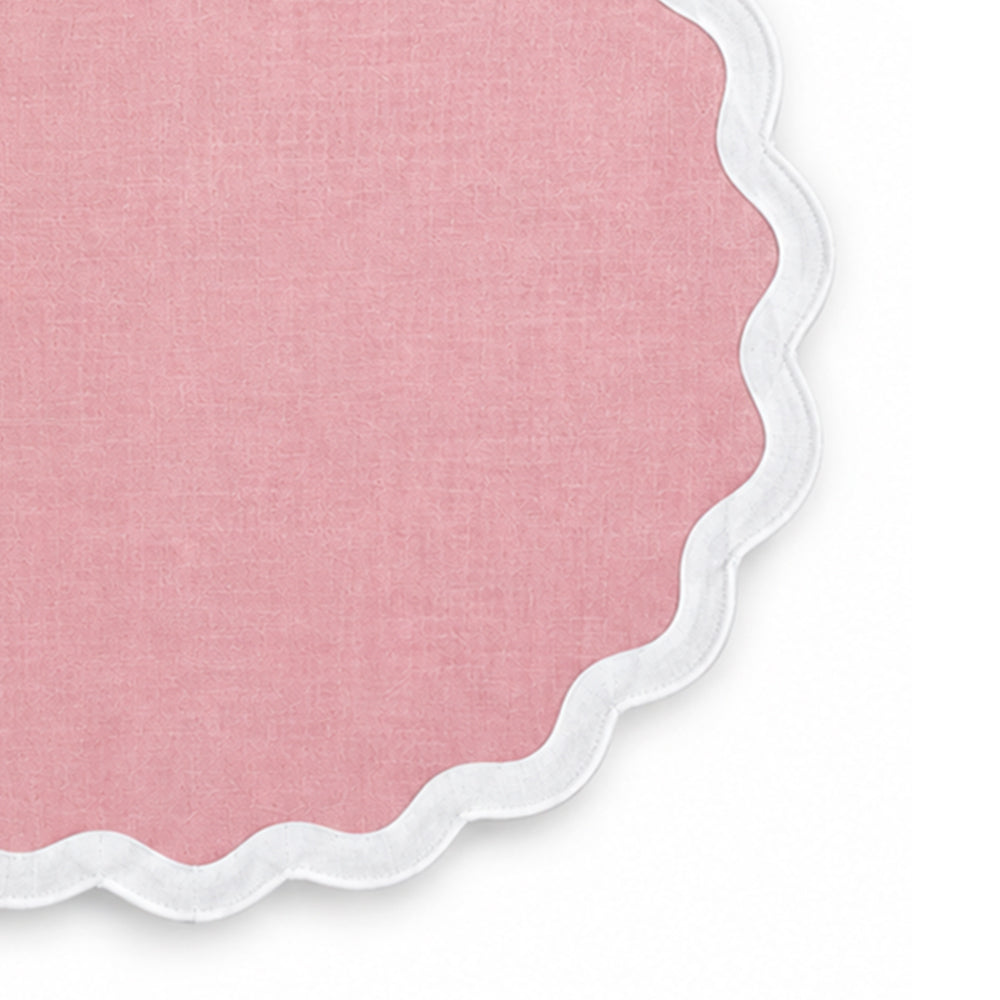 Peony pink cotton dining placemat with delicate white scalloped border