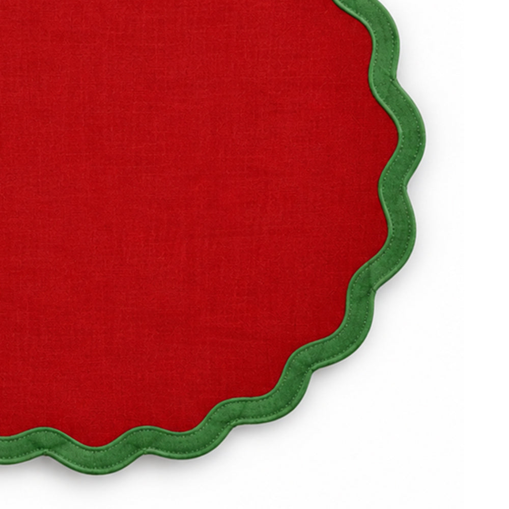 Red cotton dining placemat with green scalloped border, reusable Christmas table accessory for festive holiday entertaining, winter celebrations, family meals