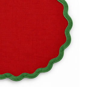 Red cotton dining placemat with green scalloped border, reusable Christmas table accessory for festive holiday entertaining, winter celebrations, family meals