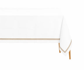 White cotton tablecloth with sand satin border displayed on a dining table, elegant table linen for weddings, receptions, parties, and special occasions