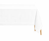 White satin tablecloth made from cotton with an elegant satin border, perfect for dining tables, weddings, receptions, parties, and special occasions.
