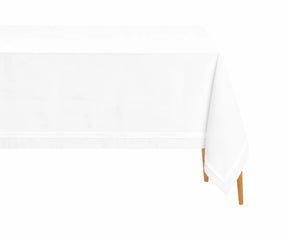 White satin tablecloth made from cotton with an elegant satin border, perfect for dining tables, weddings, receptions, parties, and special occasions.