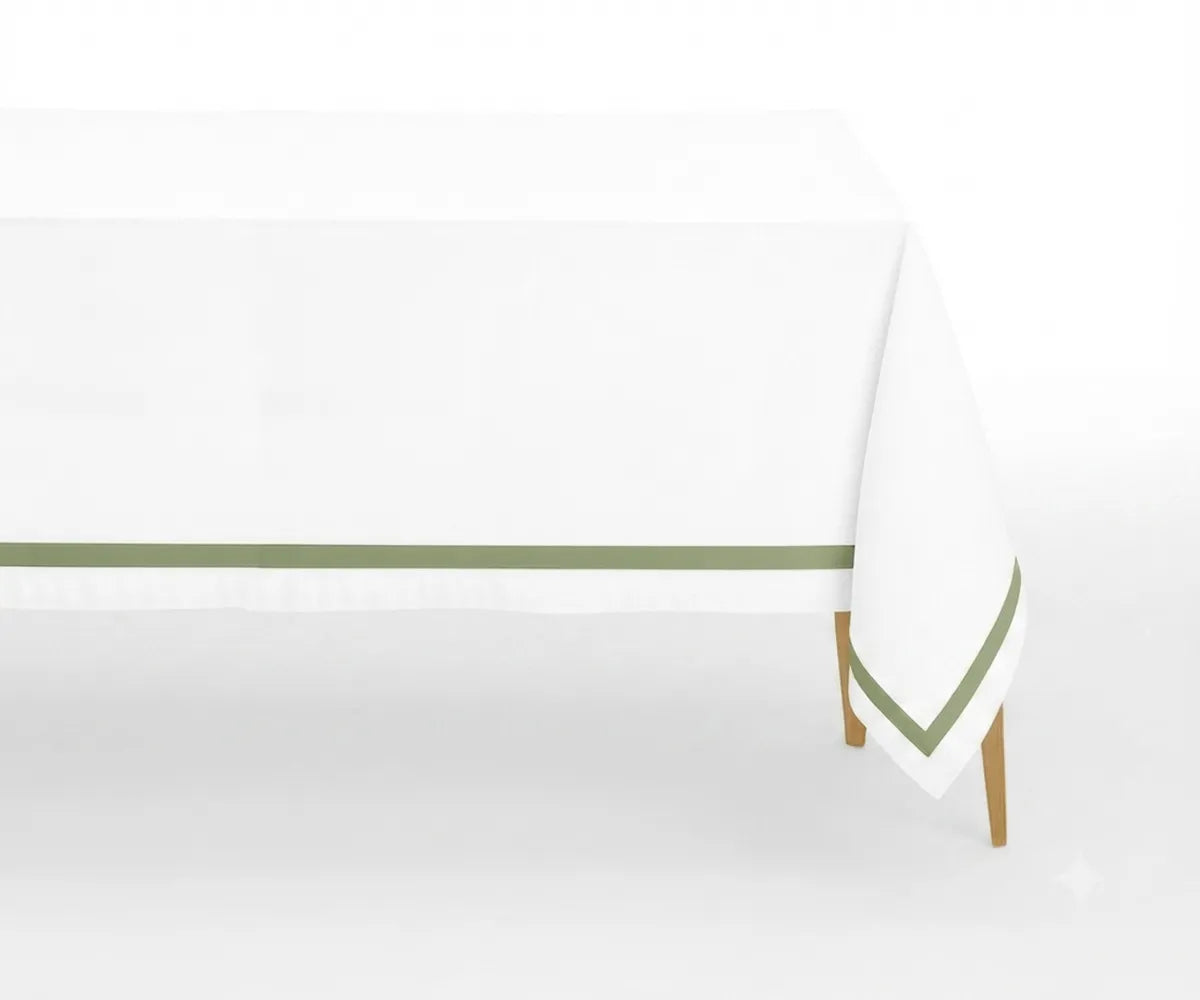 White 100% cotton tablecloth with Willow satin border styled on a dining table for an elegant wedding, party, family dinner, or formal event