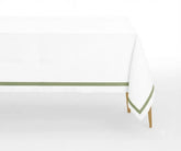 White 100% cotton tablecloth with Willow satin border styled on a dining table for an elegant wedding, party, family dinner, or formal event
