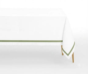 White 100% cotton tablecloth with Willow satin border styled on a dining table for an elegant wedding, party, family dinner, or formal event