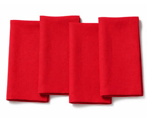 Set of four folded red dinner napkins arranged on a white background.