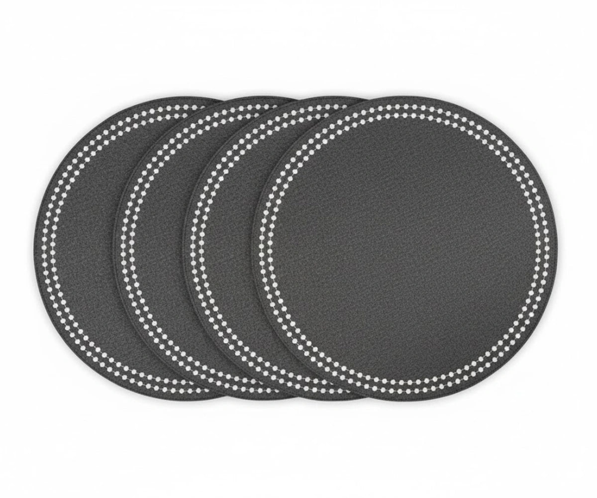 Charcoal round cotton placemats with pearls – dark grey table mats for elegant dining décor.