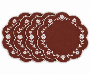 brown floral scalloped edge placemats with white embroidered flower and vine design