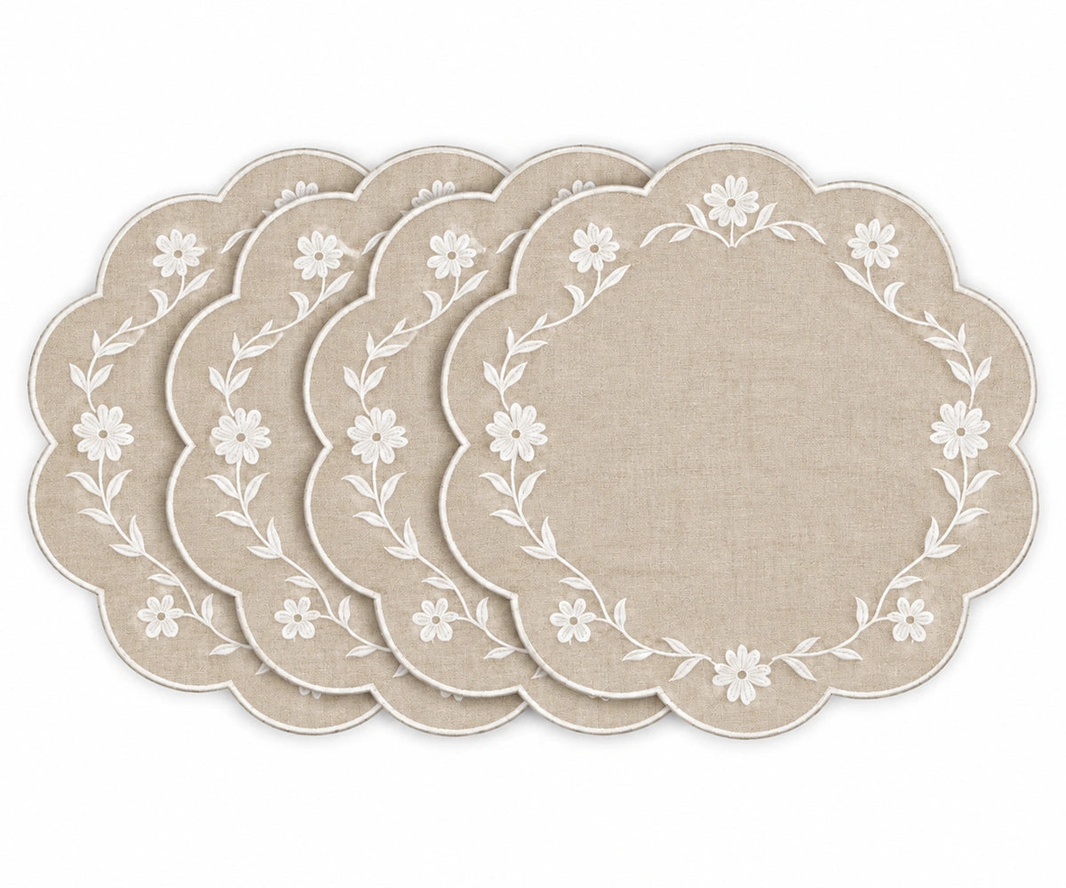 natural scalloped placemats with white floral embroidered border design