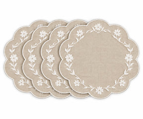natural scalloped placemats with white floral embroidered border design